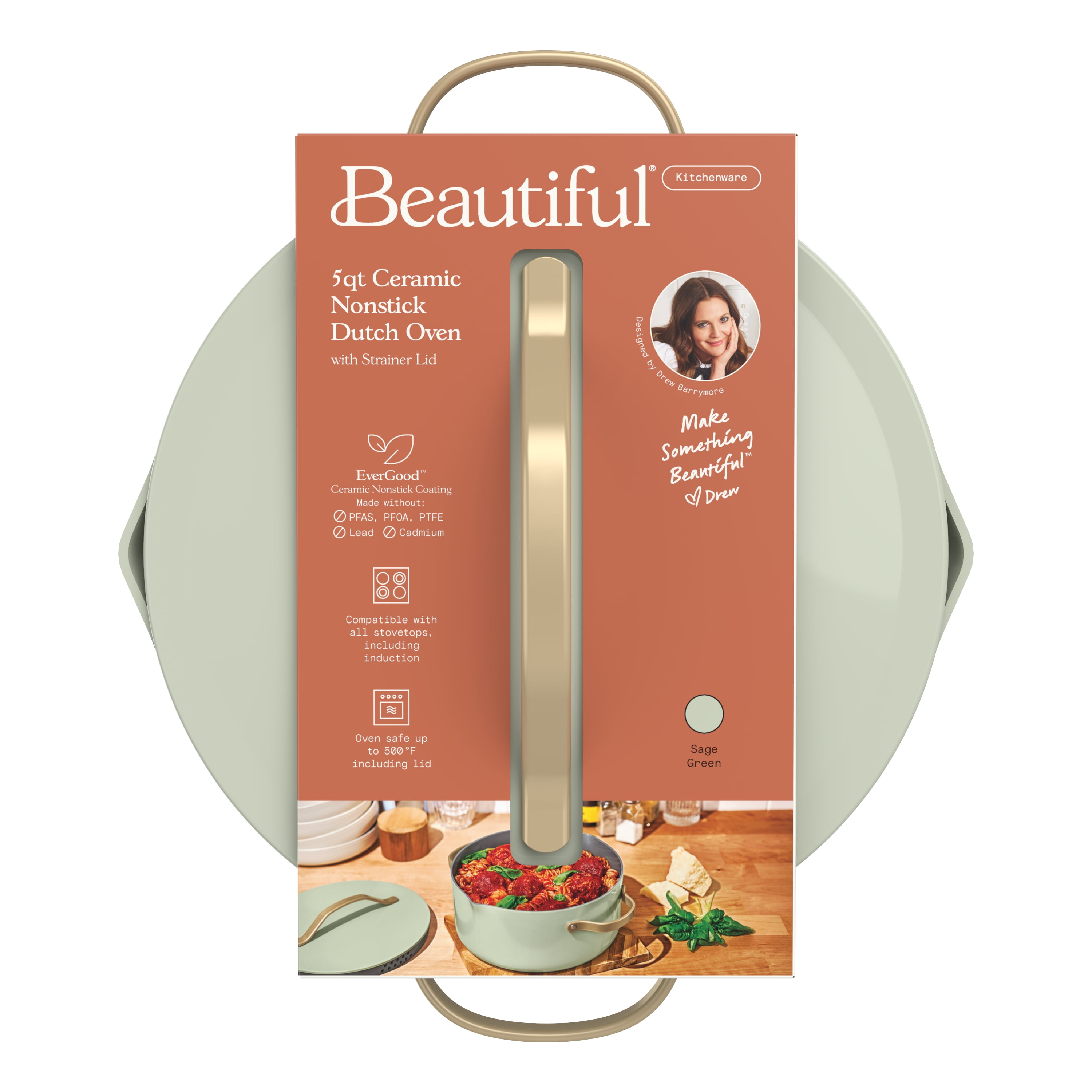 Beautiful 5 Quart Ceramic Non-Stick Dutch Oven with Strainer Lid, Sage Green by Drew Barrymore
