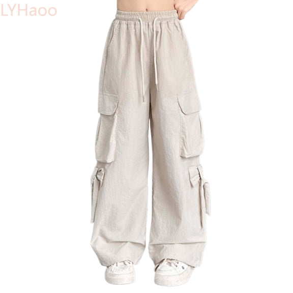 LYHaoo Girls Casual Cargo Pants Loose Fit Summer Lightweight Long Trousers For Kids Daily Wear Girls Cargo Pants(Beige)