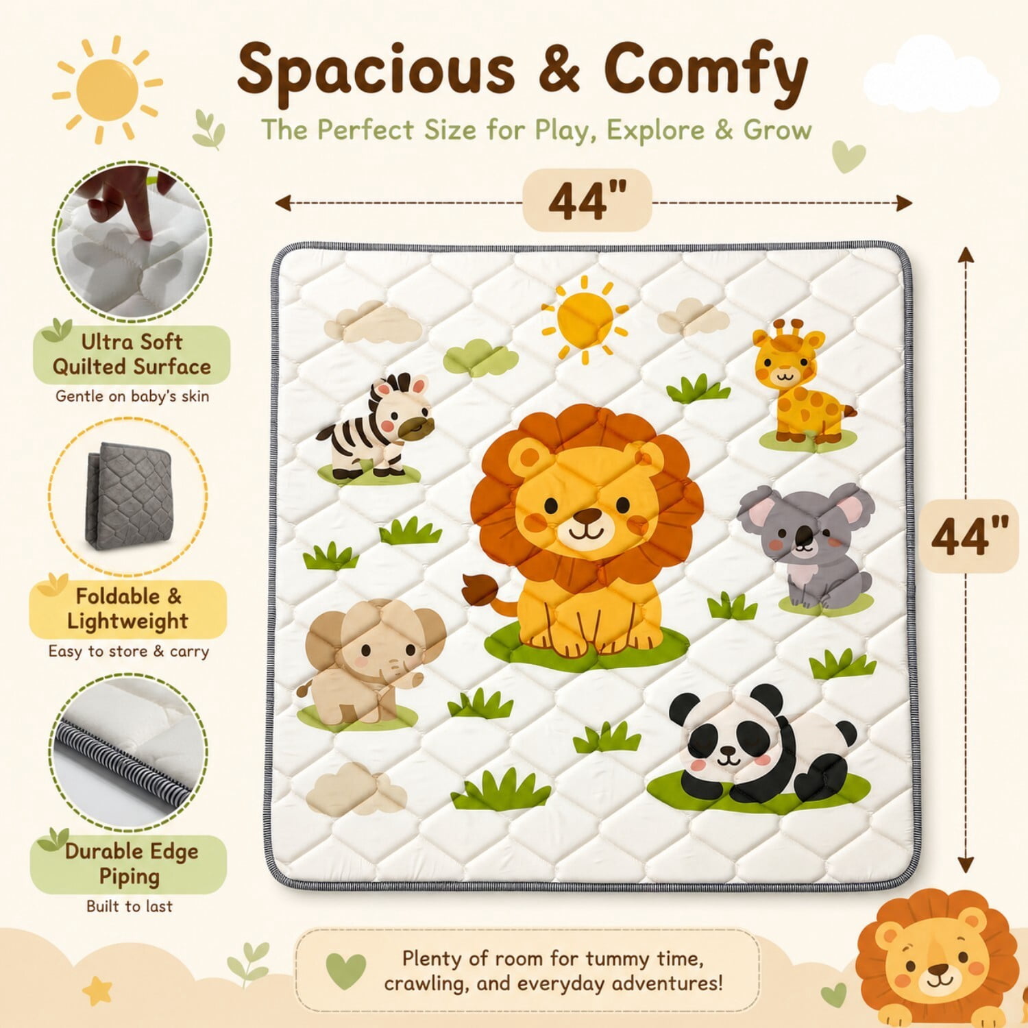 Easy4Home Foldable Baby Play Mat,44"x44" Non-Slip Thick Foam Crawling Mat Machine Washable Playpen Mat for Infants & Toddlers