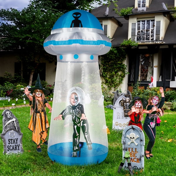 8.8FT Halloween Inflatable UFO Yard Decoration, Interactive Stand-In Design, LED Lights, Waterproof Polyester, Stakes/Ropes Included
