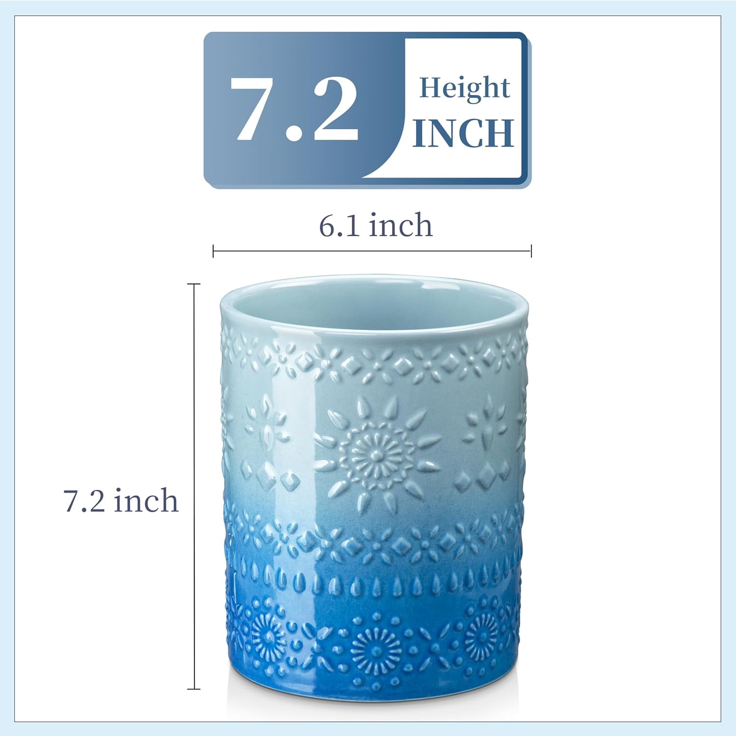KitchenKey Extra Large Kitchen Utensil Holder, 7.2" Ceramic Farmhouse Utensil Holder For Kitchen Décor Countertop With Heavy And Sturdy Base, Utensil Crock Organizer, Blue