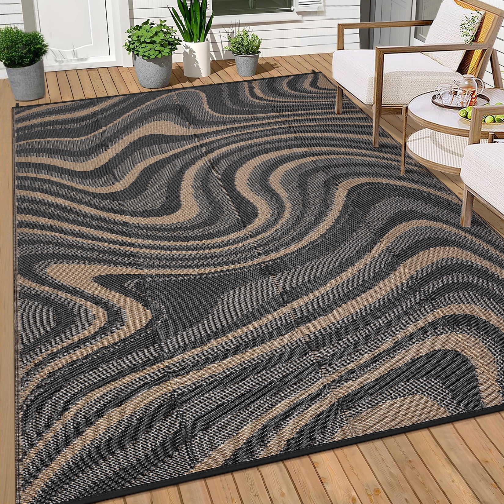Garvee Outdoor Rug 10'x14' Abstract Plastic Area Rug Waterproof Reversible Outdoor Carpet, Plastic Straw Rug for Patio RV Camping Balcony Deck Backyard, Black
