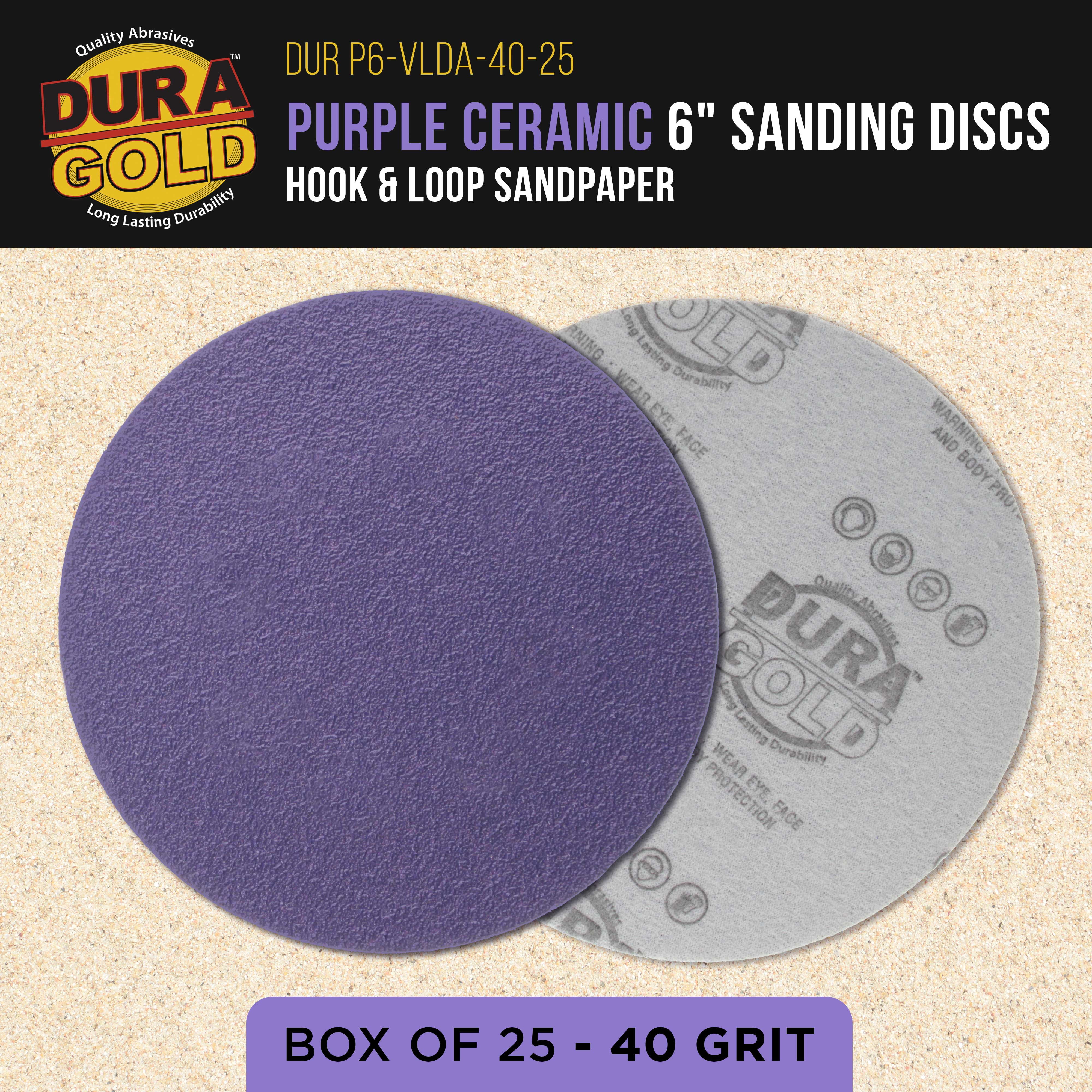 Dura-Gold Premium 40 Grit 6" Purple Film Ceramic Sanding Discs, Box of 25 - Hook & Loop Backing Sandpaper for DA & Random Orbital Sanders - Fast Sharp-Cut Abrasive, Sand Auto Paint, Woodworking