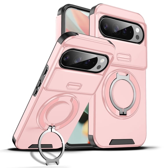 Decase for Google Pixel 10 Pro XL 2025, Hard Plastic Shell Phone Case, Compatible with Mag Safe Accessories, with Ring Grip Holder Kickstand+Slide Camera Cover,Rugged Shockproof Cover,Pink
