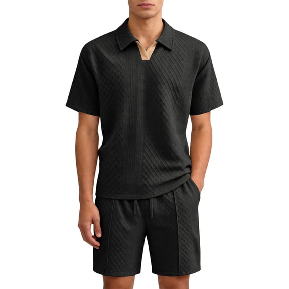 Hearthz Men's 2 Piece Short Sets Jacquard Texture Polo Shirt and Shorts Set Athletic Casual Athletic Tracksuit for Summer Black M