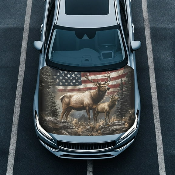 FOR U DESIGNS Elk Deer American Flag Print Car Hood Cover Flag Super Weather-Resistant Dustproof Car Hood Protector Auto Decoration, Automotive Bonnet Banner Suitable for Suv Van Pickup