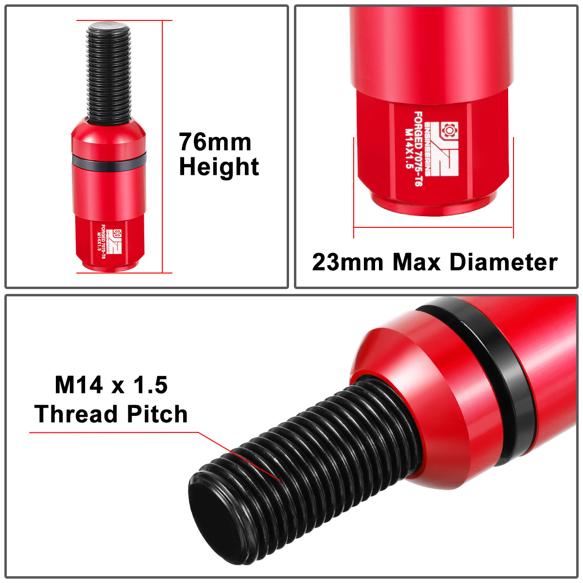 J2 Engineering J2-LN-T7-041BS-RD For 1992-2022 Mercedes-Benz Closed End Lug Bolt Nuts M14 x 1.5 Red