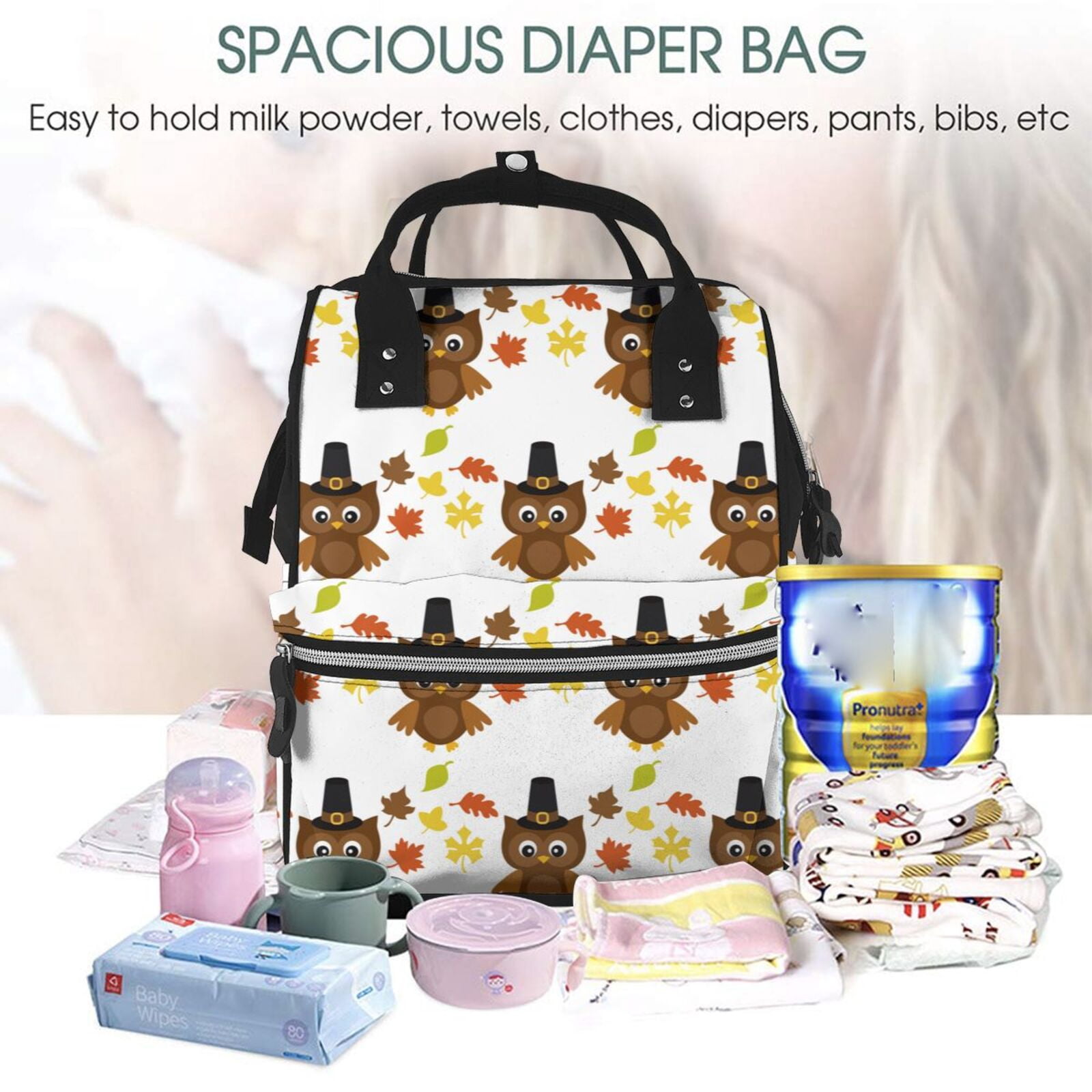 Fuzoiu Colorful maple leaf owl Print Diaper Bag Backpack,Baby Essentials Travel Tote,Multi function Waterproof Diaper Bag, Travel Essentials Baby Bag - Unisex