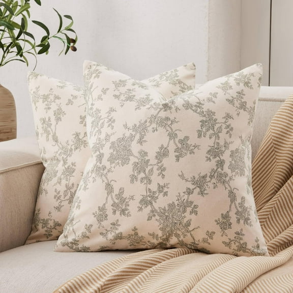 100% Cotton French Pastoral Throw Pillow Covers Set of 2, 16x16 Inch Double Sided/Green, Farmhouse Decorative Cushion Covers for Sofa Bed Living Room Home Decor