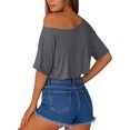 thumbnail image 4 of Miluxas Women's off Shoulder Batwing Sleeve Crop Top Loose Fit Rolled Cuff Casual Summer T Shirt Gray, 4 of 7