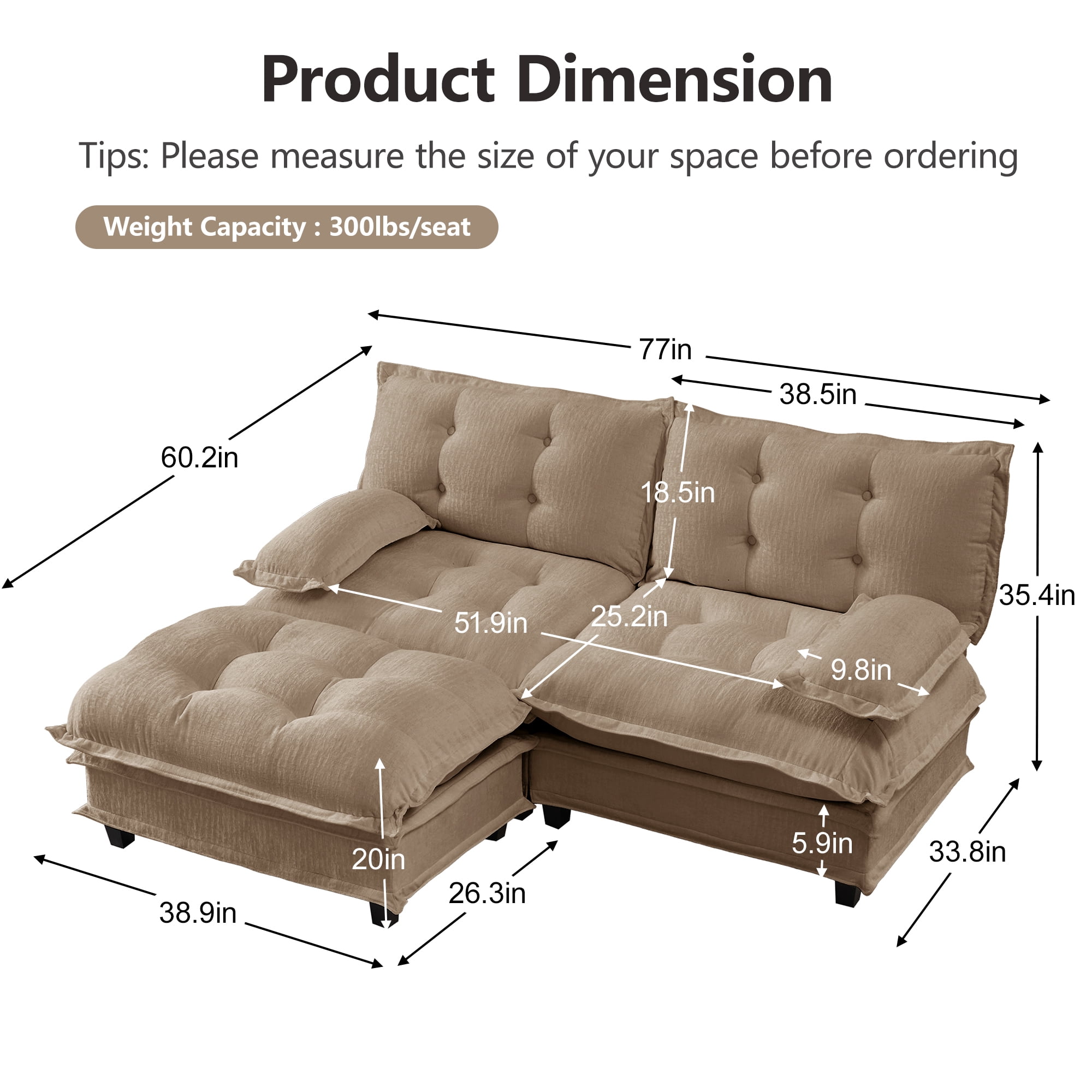 AISWORD 77" L-Shaped Modular Sectional Cloud Sofa with Ottoman, Chenille Fabric Deep Seat Couch with Lattice Decored Cushions