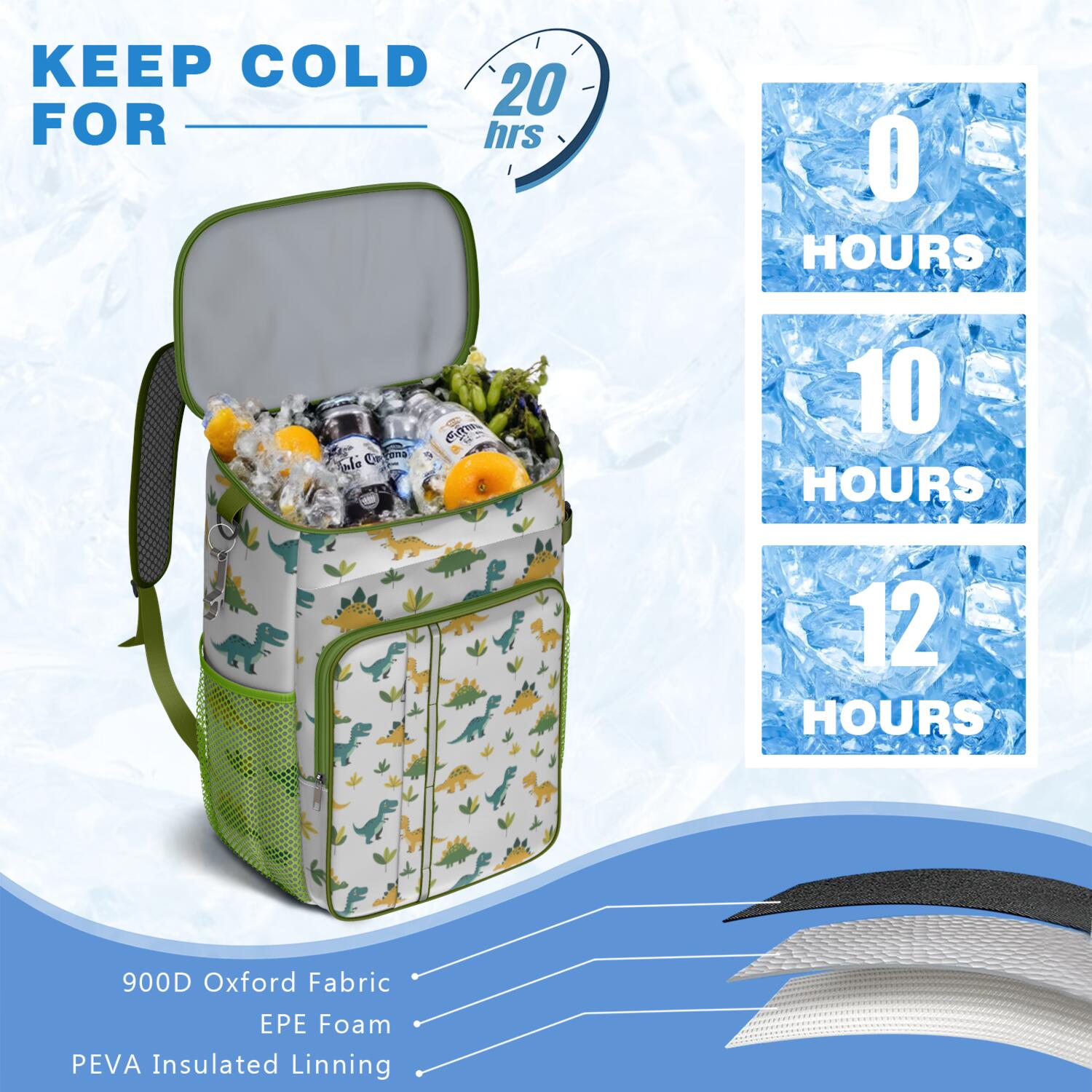 Travel Cooler Bag - White Dinosaurs Leaves Pattern Camping Beer Cooler Backpack with Bottle Opener- Waterproof Insulated Picnic Backpacks - Cooler Bag for Beach
