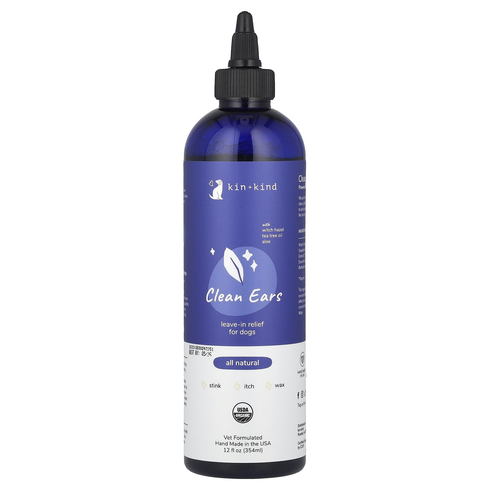 kin+kind Clean Ears - Natural Leave-In Dog Ear Cleanser - Certified USDA Organic - Fragrance Free - 12 fl oz