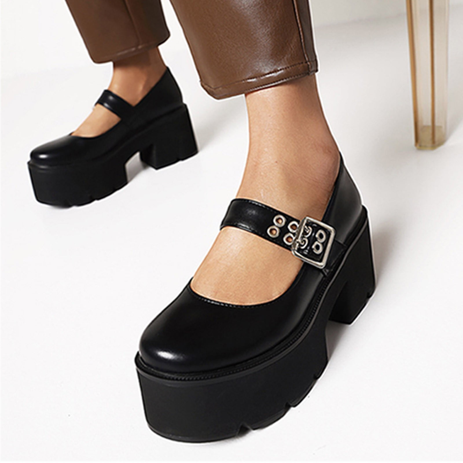 YOTAMI Women's Platform Shoes Chunky Mid Heel British Style Shoes