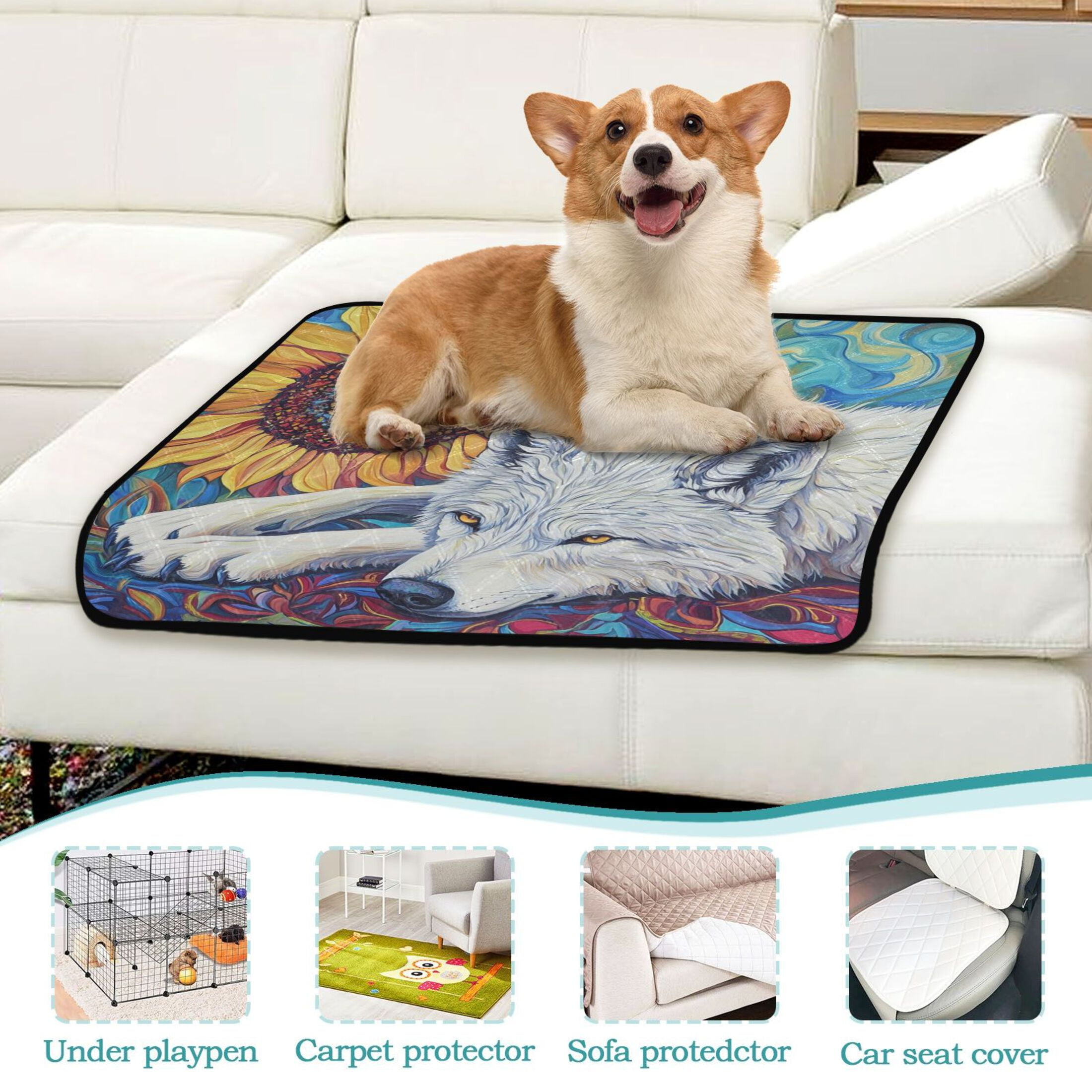 Qxltty White Wolf with Sunflower Cat litter Pads Pet Set of 3 Diaper Mats Center Anti-leakage Layer Absorbent Soft and Comfortable