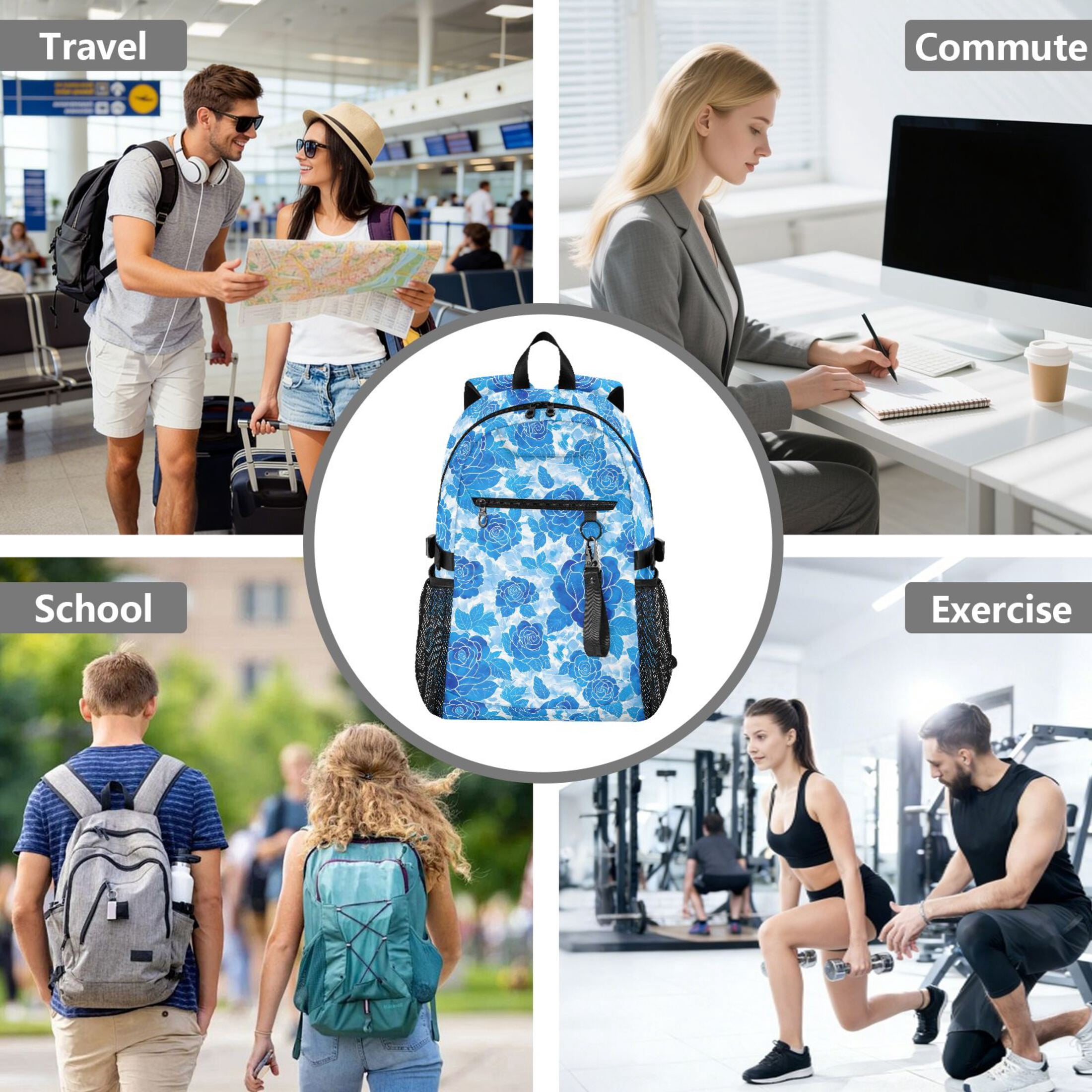 JIALIOU 14" Laptop Backpack Waterproof Airline Approved Stylish Casual Daypack for Travel Business College Work, Blue Watercolor Roses