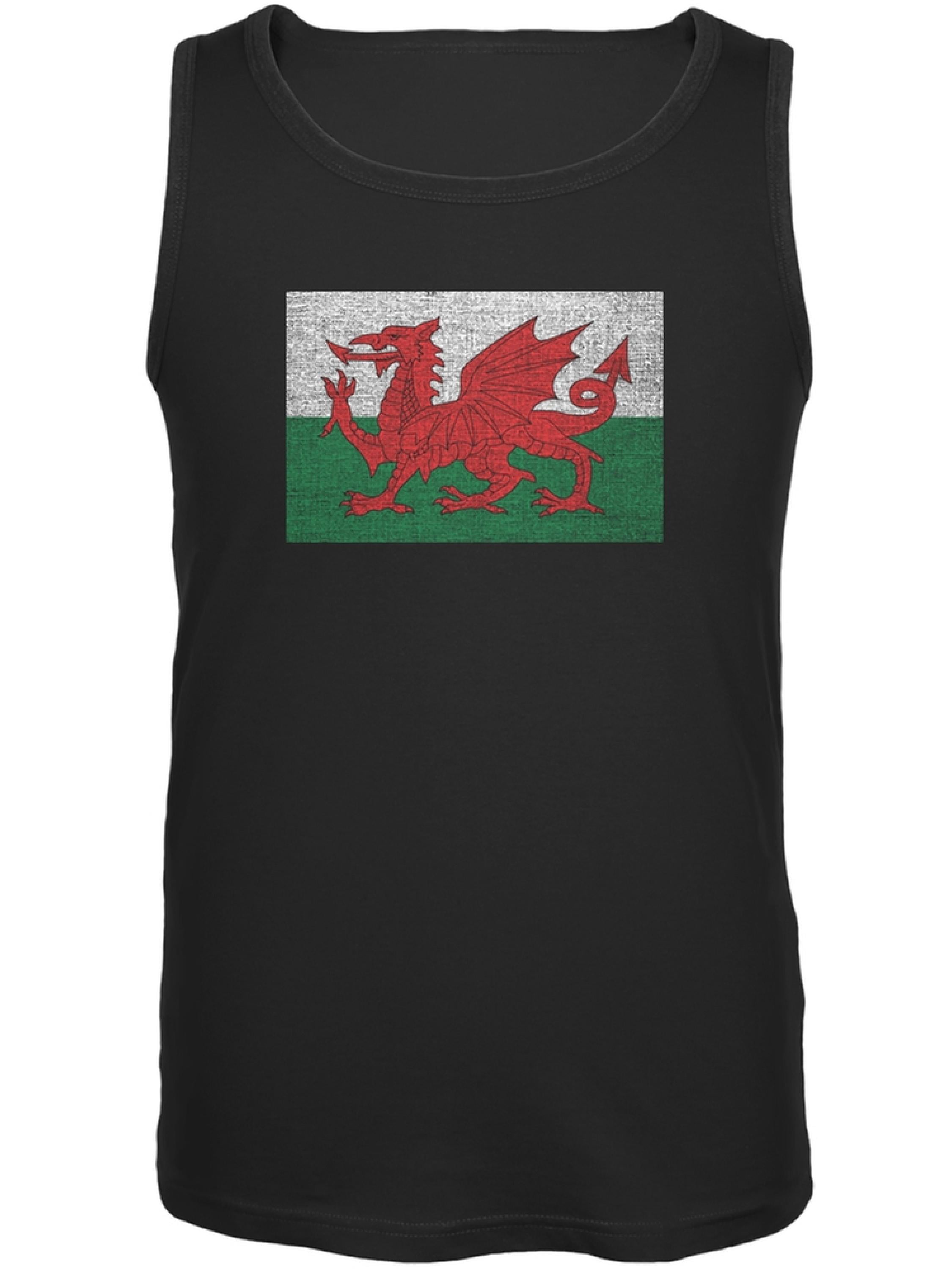 Welsh Flag Distressed Black Adult Long Sleeve T-Shirt 