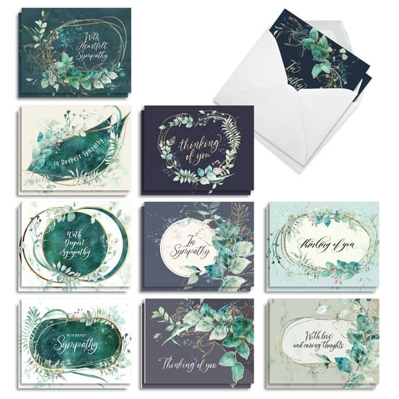 The Best Card Company 20 Assorted Sympathy Notecards Boxed Set 4 x 5.12 Inch with Envelopes (10 Designs, 2 Each) Greenery Grieving AM10322SMG-B2x10