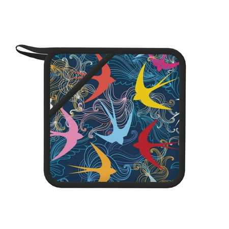

1 Pc Silicone Anti-Hot Hot Pads Oven Mitts Heat Resistant Pot Holders With Pockets Non Slip Oven Glove Potholder For Kitchen Cooking Bbq Baking 7.1in Colorful Swallows Bird