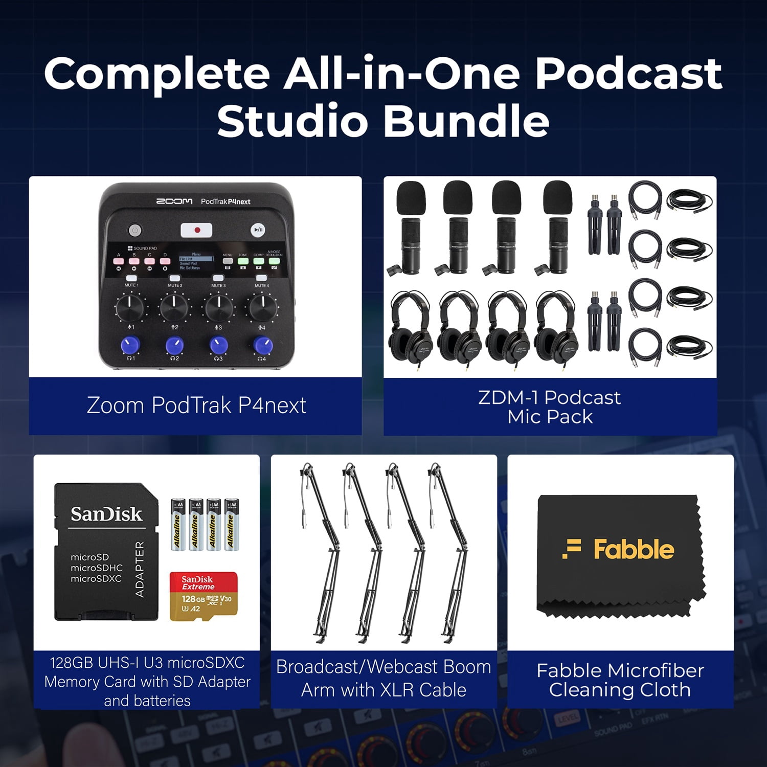 Zoom PodTrak P4next Portable Multitrack Podcast Recorder Bundle with 4 Zoom ZDM-1 Podcast Mic Packs, 4 On-Stage MBS5000 Boom Arms with XLR Cables, 64GB microSDXC Card and AA Batteries