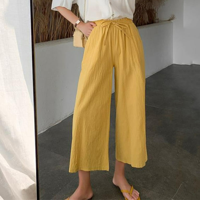 SCUSTY Women's Summer Cotton Linen Wide Leg Pants Drawstring High Waist  Palazzo Flowy Beach Trousers with Pockets(Apricot-XS) at  Women's  Clothing store