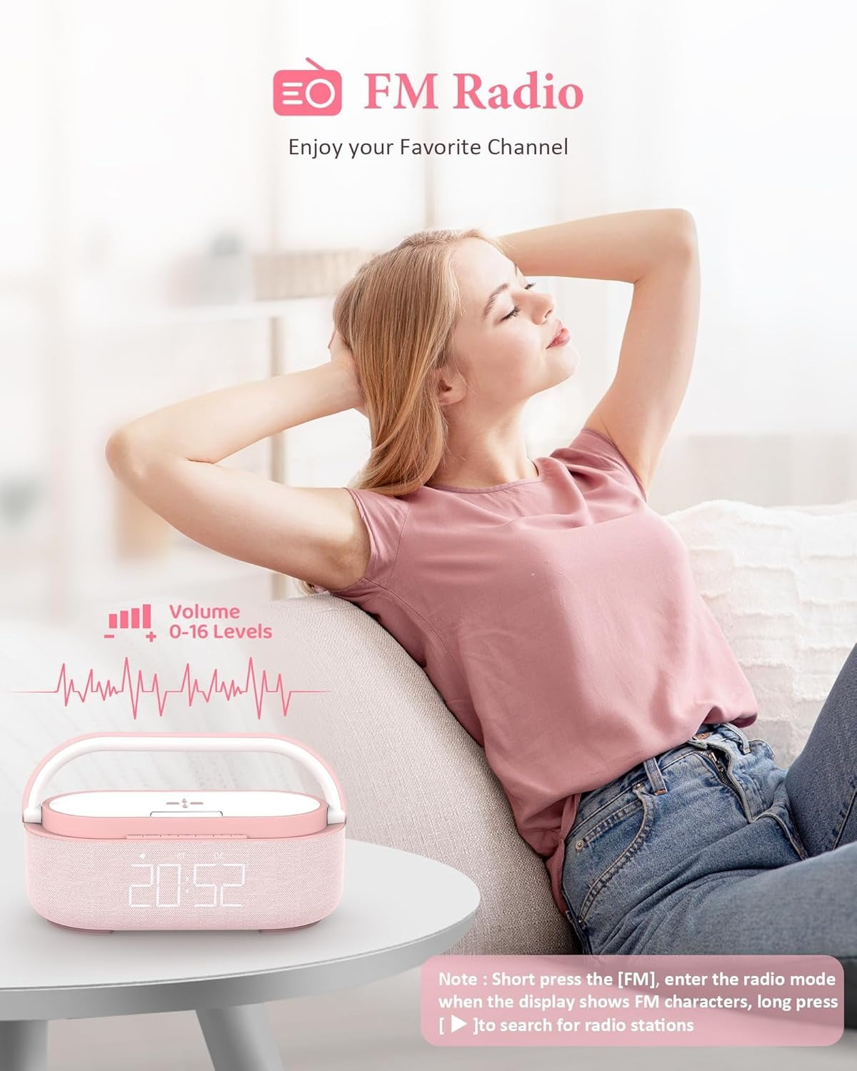 FreeFish Bluetooth Speaker Alarm Clock with Wireless Charger, LED Night Light, 2500mAh Battery - For Bedroom, Home Pink
