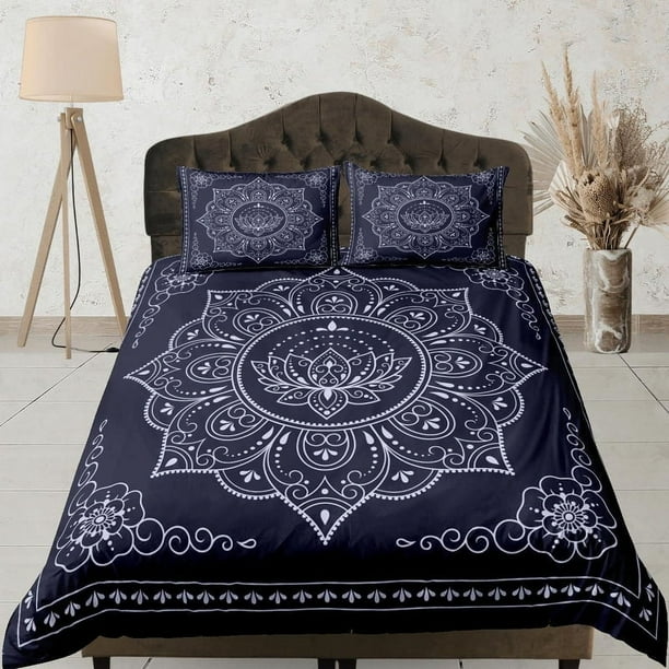 Mandala azul oscuro funda nórdica boho juego de cama completo, reina, rey, ropa de cama dormitorio,