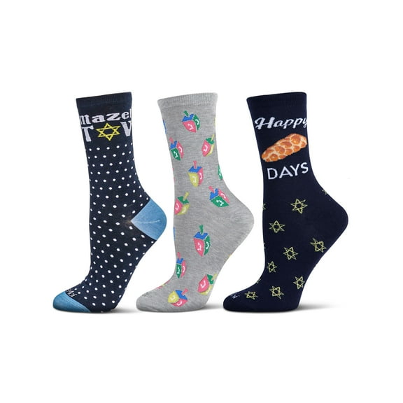MeMoi 3 Pair Women's Hanukkah Holiday Novelty Crew Socks - Womens - Female, 9-11, Blue