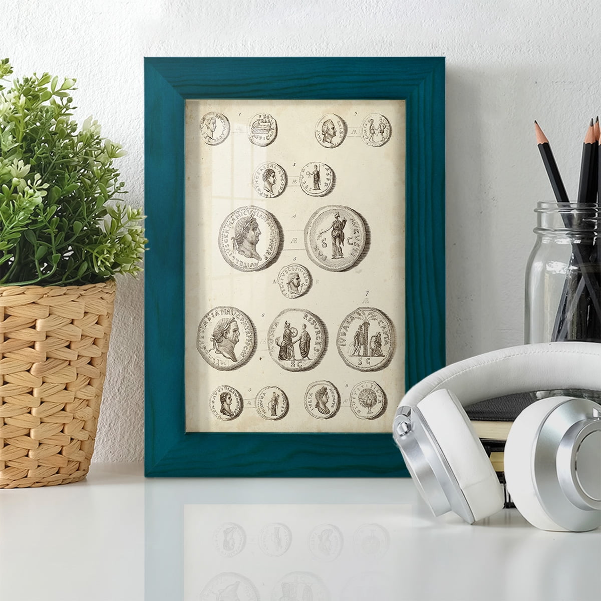 Antique Roman Coins III -Framed Print w/glass-Ocean Blue