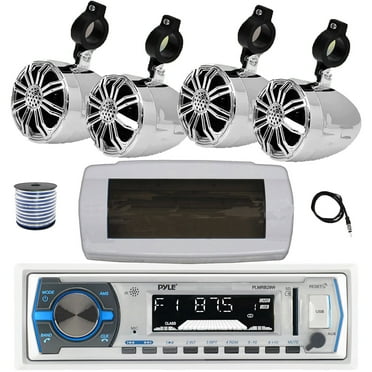 Pyle PLMRB29W Single DIN Bluetooth Marine MP3 AM/FM Stereo Receiver with White Cover, 22" Radio Antenna, Wire, 4x 2.25" 10W Max Full Range Waterproof Off-Road Audio Speakers (Chrome)