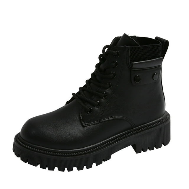 Black Women'S Winter Casual Boots With Round Toe Design Lace-Up Front Side Zipper Block Heel Medium Heel For Comfort