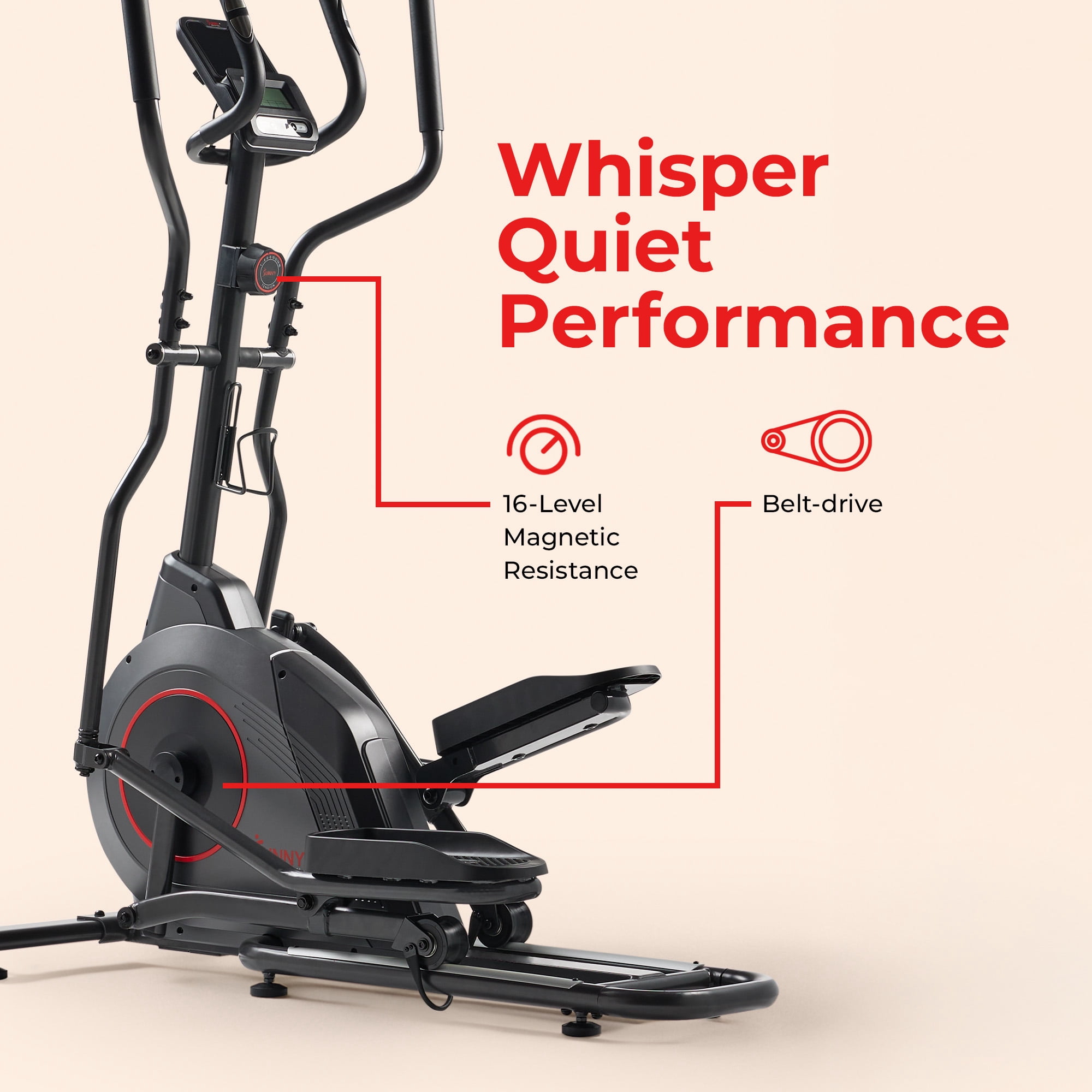 Sunny Health & Fitness Ultra-Silent 16” Stride Smart Elliptical Trainer with SunnyFit App for Trainer-Led Workouts & Performance Tracking