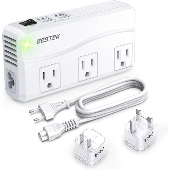 BESTEK 220V to 110V Step Down Voltage Converter 250W, Universal Travel Adapter with 4 USB-C & USB Ports and 3 AC Outlets, UK/AU/EU/US Worldwide Plug for Laptop, Phone, Shaver