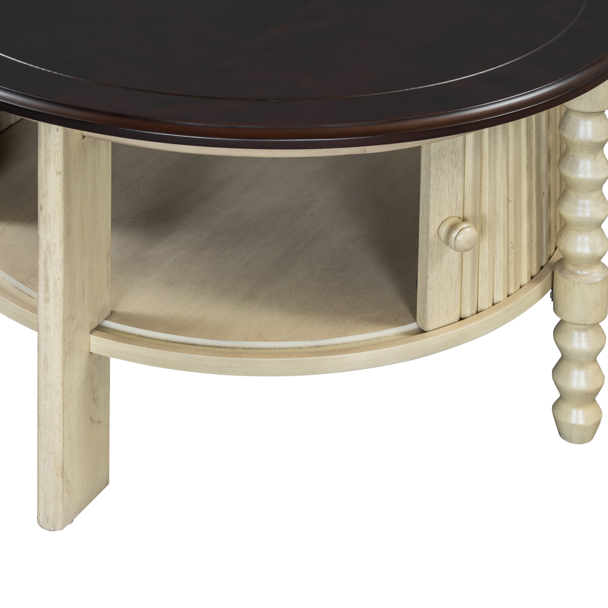 Vintage Round Coffee Table with Sliding Door, Antique Accent Table for Small Space Bedroom Living Room
