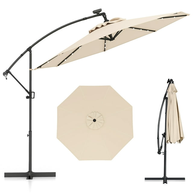 Gymax 10Ft Offset Hanging Umbrella Patio Outdoor w/ 32 Solar LED Lights Beige