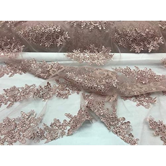 Valentina Textile Inc Sequin lace Fabric with embroderies on mesh VT-010 (1 Yard, Dusty Rose)