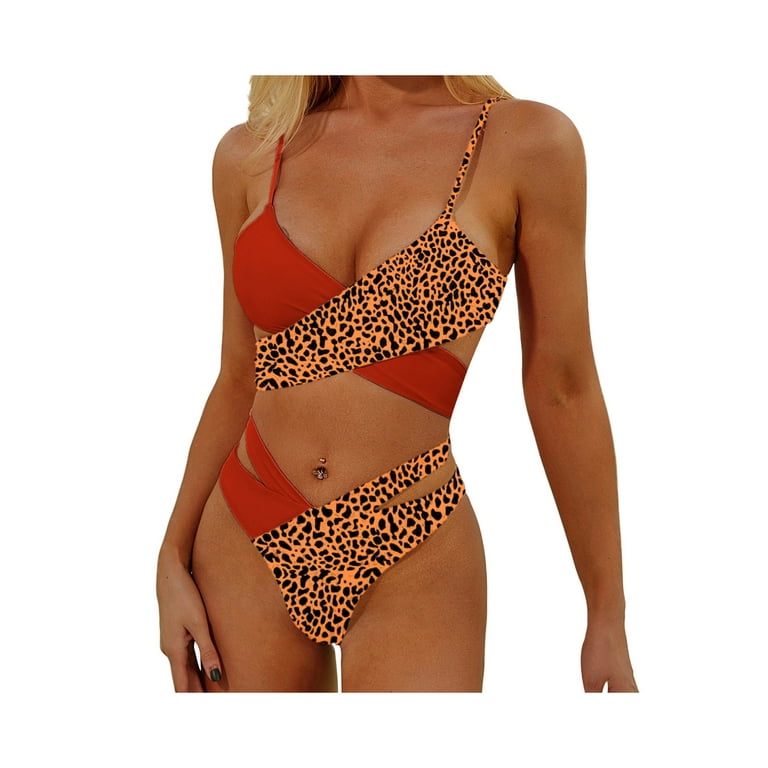 Calsunbaby Women Leopard Patchwork Bikinis Set Swimwear Cross Tie Up Bra Hollow Out Bathing Suits Yellow Leopard XL