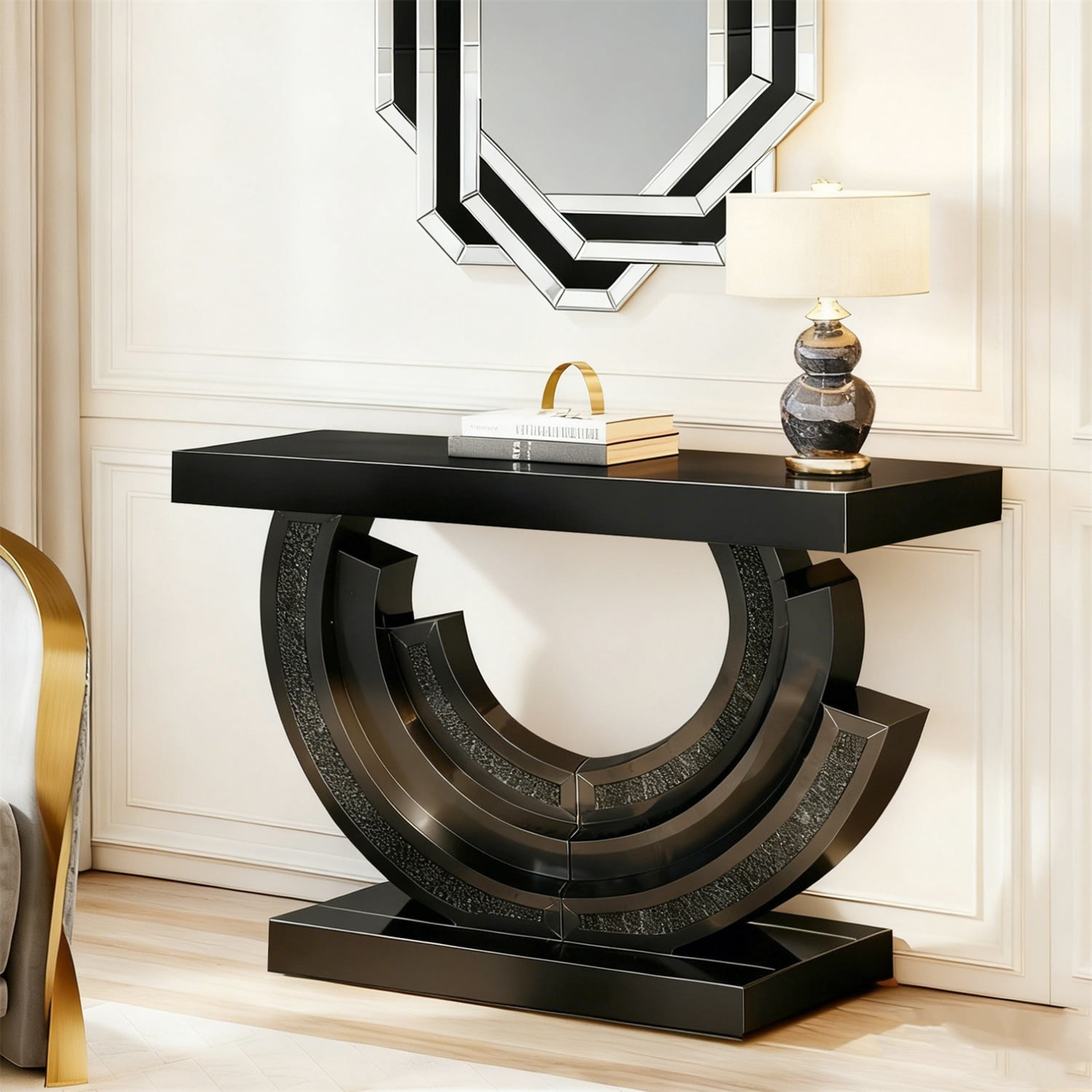Hommoo Modern 3C-Shaped Mirrored Glass Crescent Console Table with Crushed Diamond Inlay, Entryway Living Sofa Table, Black