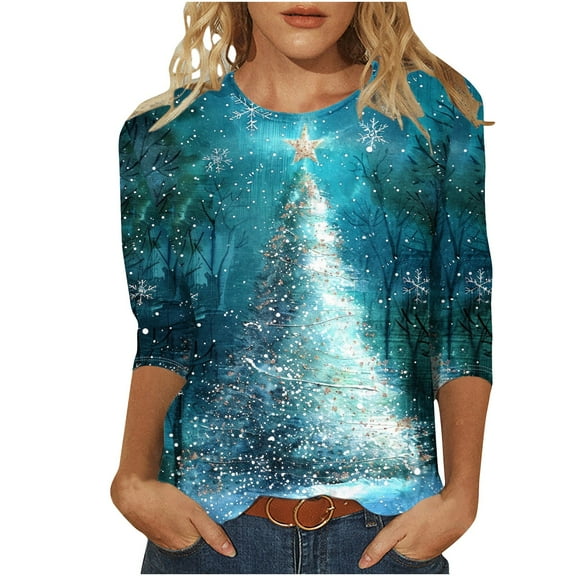 bnaln Christmas Sweatshirts for Women Xmas Tree Printed 3/4 Length Sleeve Shirts Round Neck Loose Fit Tunic Blouses Plus Size T-Shirt Casual Pullover Tops Xmas Jumpers Holiday Tops