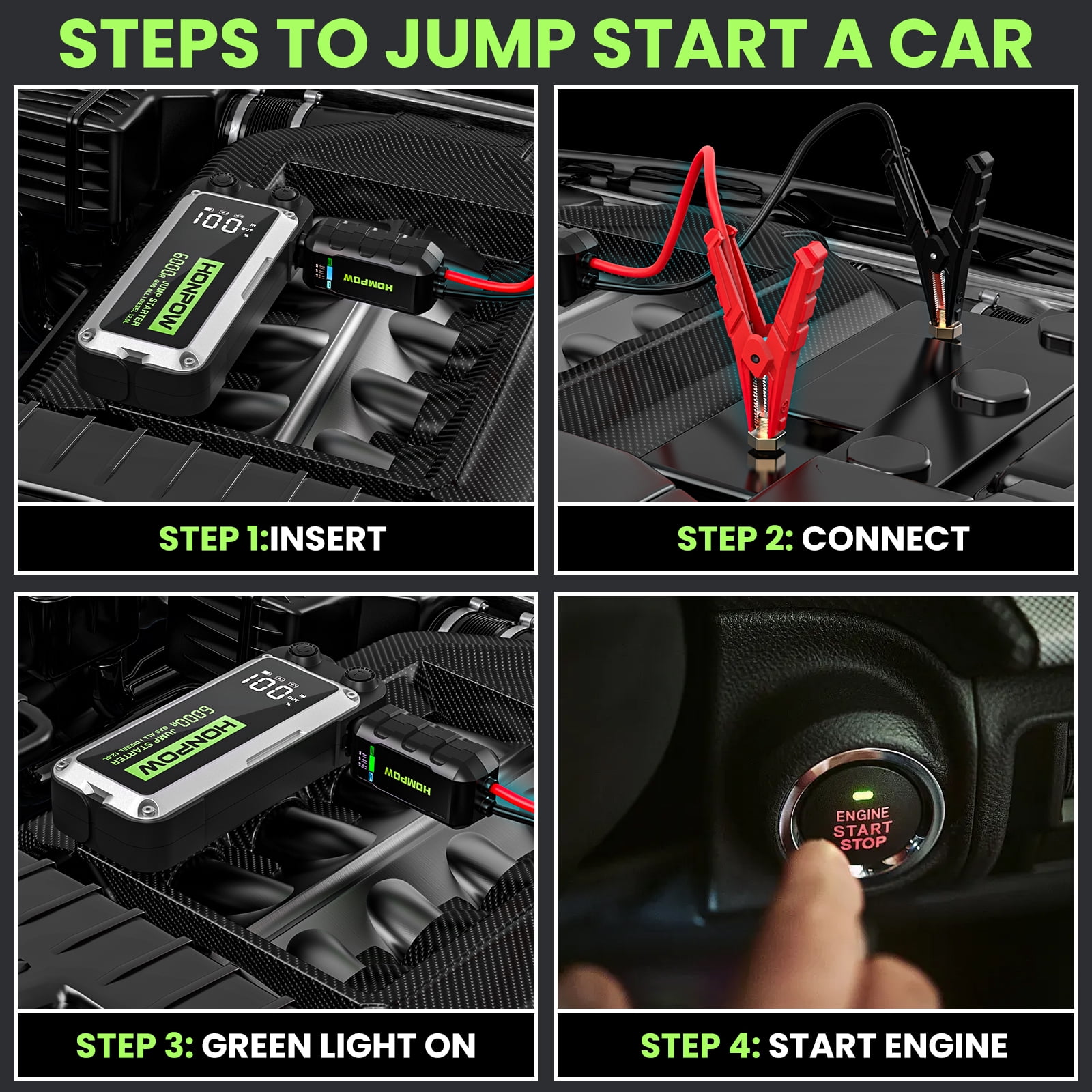 Honpow Car Battery Jump Starter 6000A Peak 28000mAh Powerful 12V Portable Jump Box (for All Gas or up to 12L Diesel) with USB, Type-C Quick Charge, DC Output, LED Light