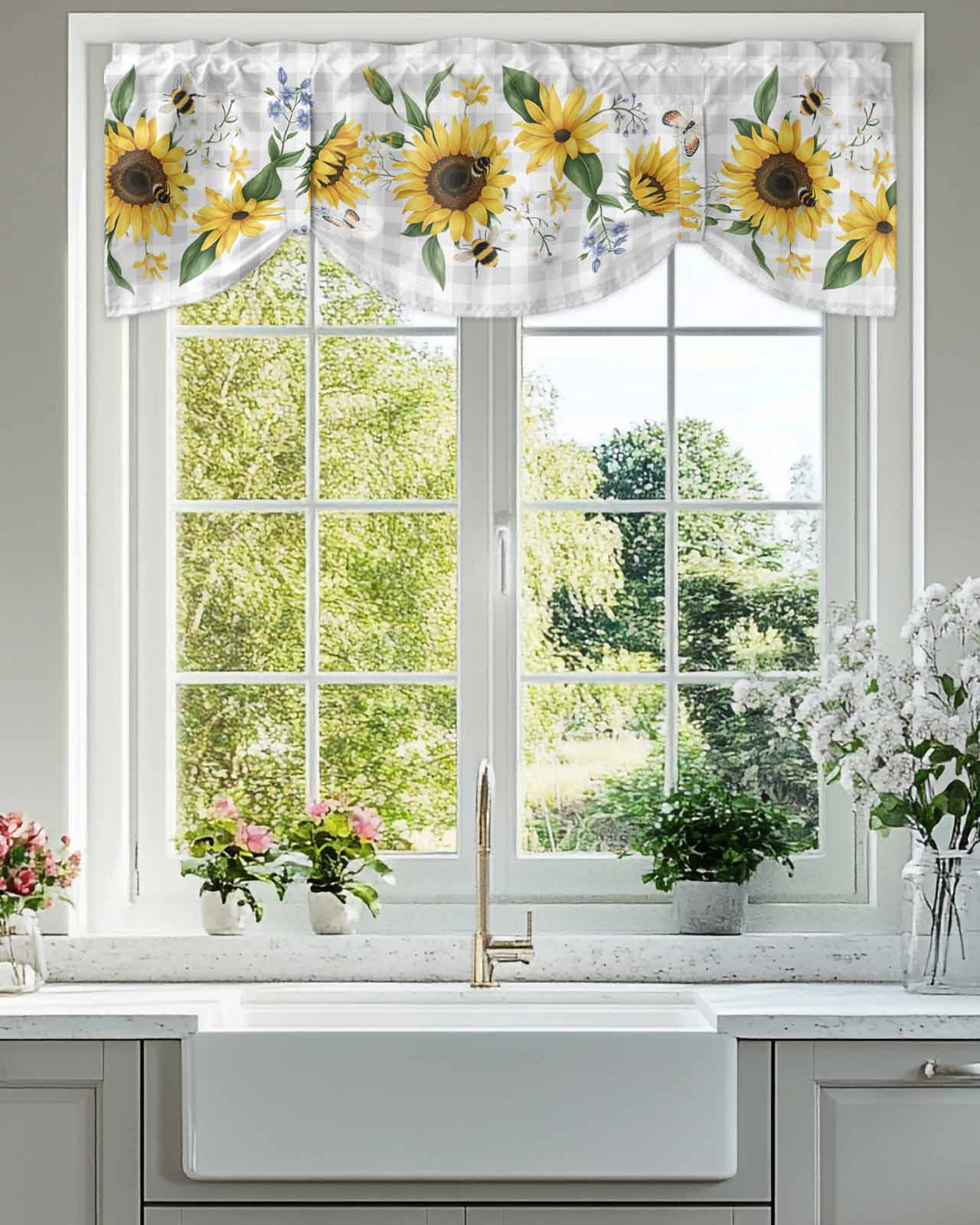Sunflower Tie Up Valances Curtain, Adjustable Kitchen Butterfly Bee Valances for Windows Decor, Rod Pocket Short Curtains Set for Bedroom/Bathroom, 60"x18"