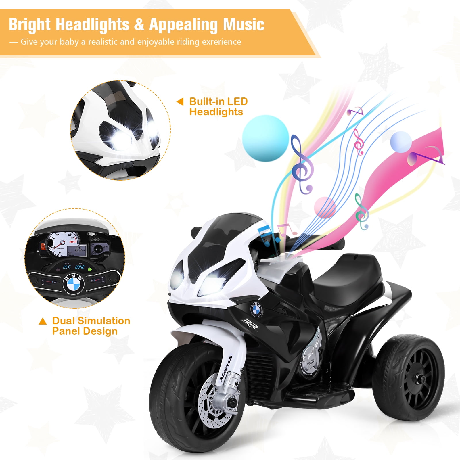 Costway Kids Ride On Motorcycle BMW Licensed 6V Electric 3 Wheels Bicycle Music & Light Black
