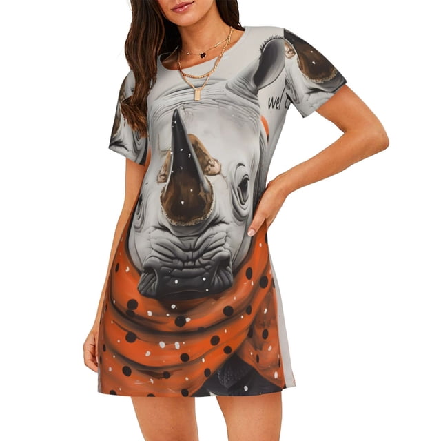 Vsdgher Chemise de Nuit à Pois Motif Rhino Bienvenue pour Femmes Manches Courtes Col Rond Mignonne Robe de Nuit Confortable