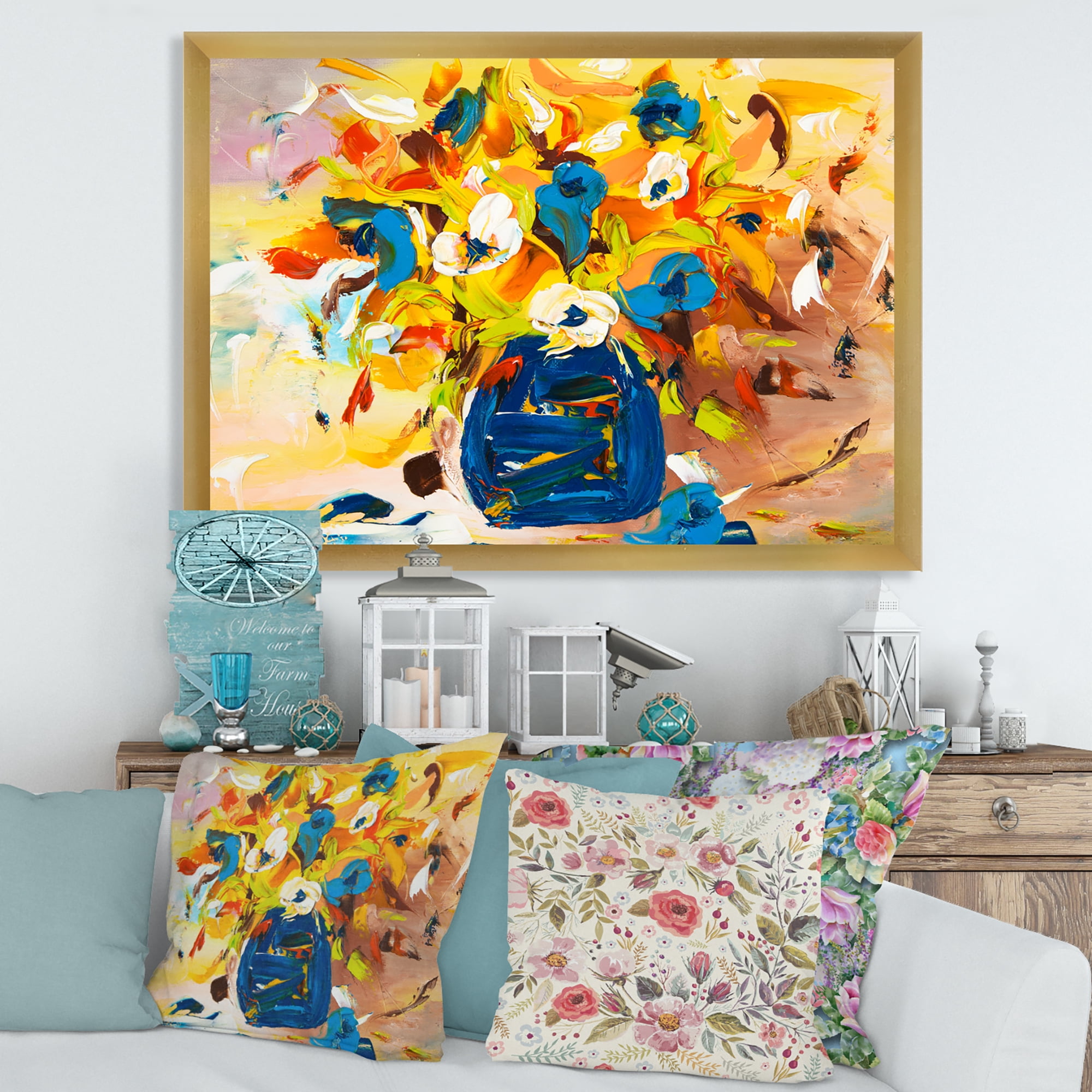 Designart 'A VIbrant Flower Bouquet In Blue and Yellow' Traditional Framed Art Print