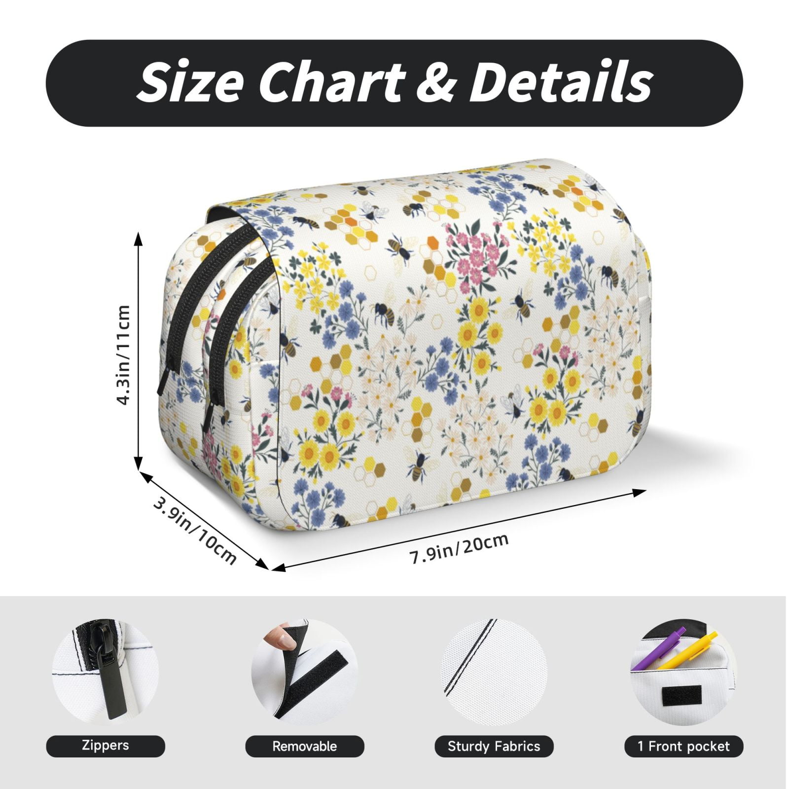 Rateoe Wildflower Honeybee Pattern Double Clamshell Pen Case, Storage Organizer with Two Zipper Compartments– Holds Up to 50 Pencils & Pens