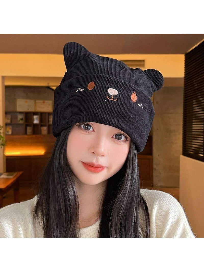 Women's Teen Girls Knitted Cat Kitty Cuffed Beanie Hat Winter Outdoor Stretchy Ski Caps