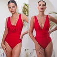 thumbnail image 4 of Flaxmaker Women One Piece Swimsuit Red Deep V Neck 3D Flower Removable Bathing Suit Two pieces Swimwear Set, 4 of 6