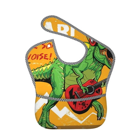 Bingfone Mess-Proof Baby Bib - Waterproof Bib For Baby Boy Or Girl With Food Catcher Pocket, Unisex-Cool Dinosaur Playing Guitar