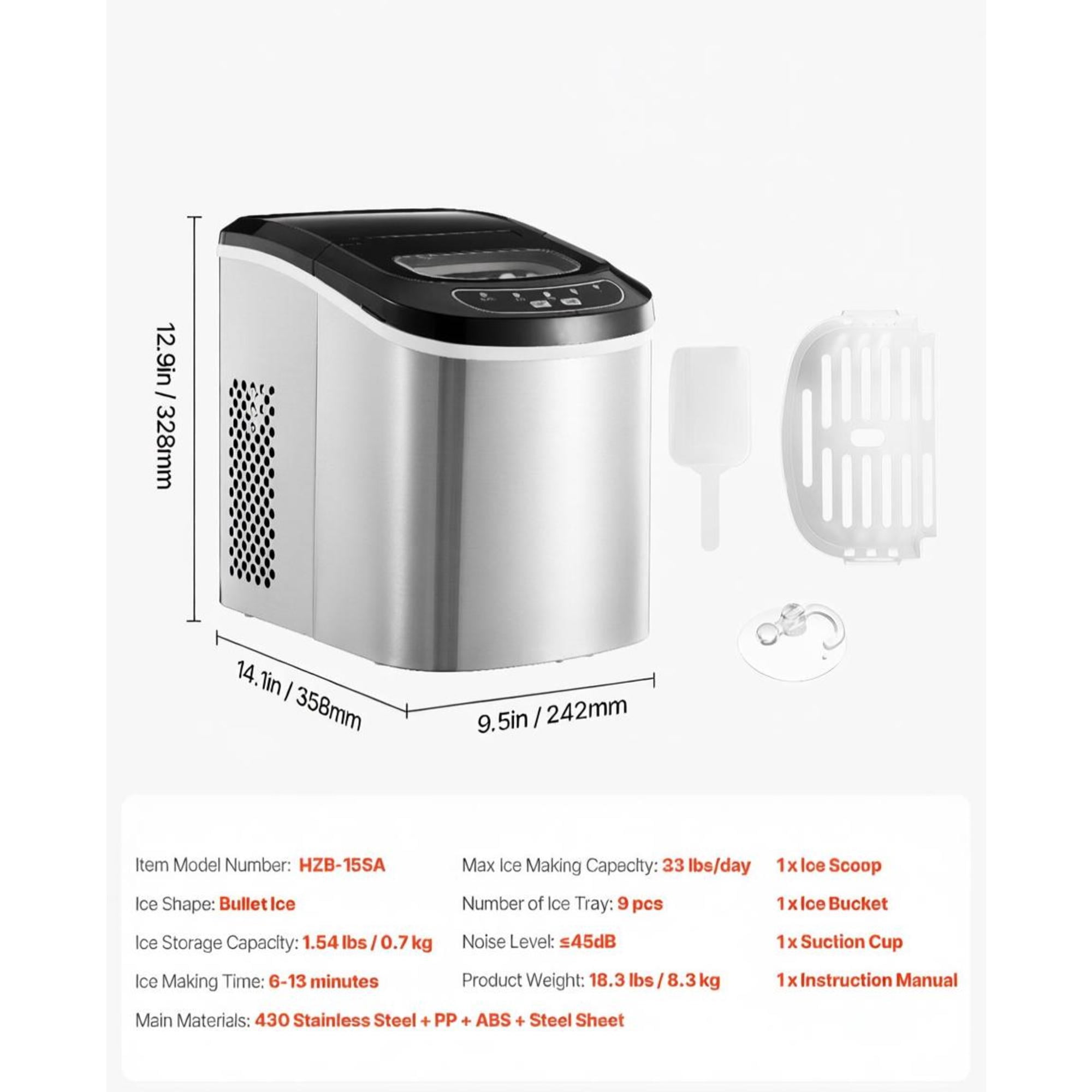 Countertop Bullet Ice Maker, 33 lbs/24H Portable Ice Machine, 9 Cubes Ready in 6 Mins, 2 Ice Sizes, Self-Cleaning Ice Maker with Scoop & Basket, Quiet ≤45dB for Home Kitchen Office Bar Party