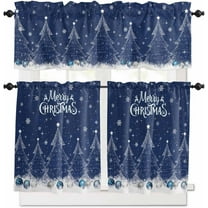 Navy Blue Christmas Kitchen Curtains and Valances Set, Rod Pocket Curtains Tier Farmhouse Window Curtains 24 Inch Length, Winter Xmas Pine Trees Snowflake 3 Piece Kitchen Curtains Set